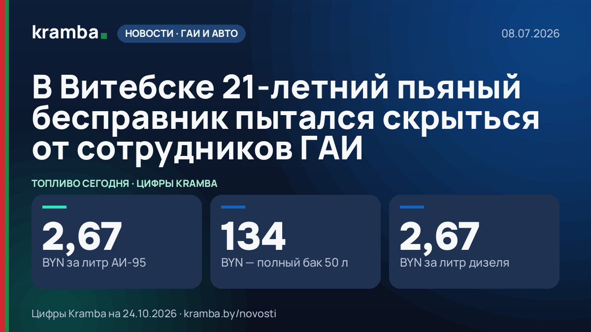 Инфографика Kramba: В Витебске 21-летний пьяный бесправник пытался скрыться от сотрудников ГАИ