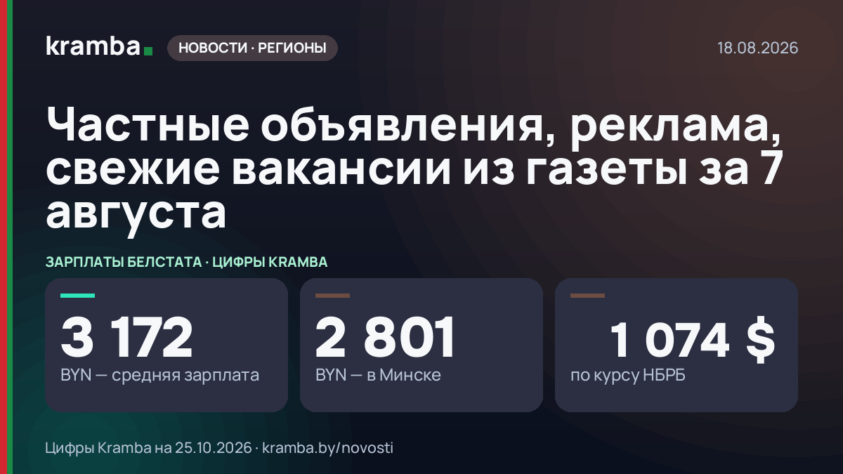 Инфографика Kramba: Частные объявления, реклама, свежие вакансии из газеты за 7 августа
