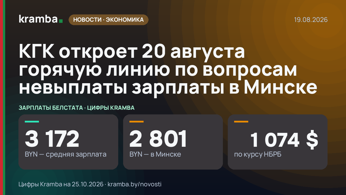 Инфографика Kramba: КГК откроет 20 августа горячую линию по вопросам невыплаты зарплаты в Минске