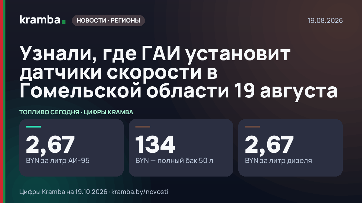 Инфографика Kramba: Узнали, где ГАИ установит датчики скорости в Гомельской области 19 августа