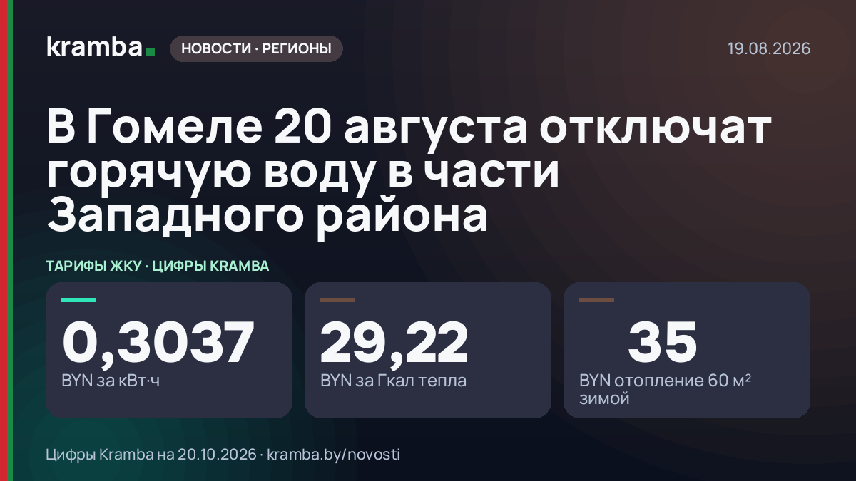 Инфографика Kramba: В Гомеле 20 августа отключат горячую воду в части Западного района