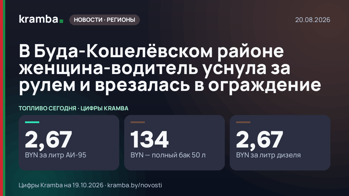 Инфографика Kramba: В Буда-Кошелёвском районе женщина-водитель уснула за рулем и врезалась в ограждение