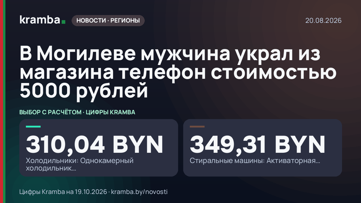 Инфографика Kramba: В Могилеве мужчина украл из магазина телефон стоимостью 5000 рублей