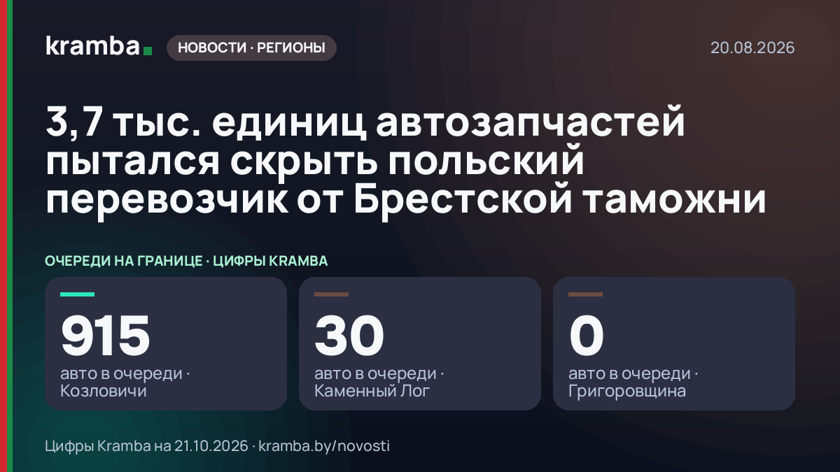 Инфографика Kramba: 3,7 тыс. единиц автозапчастей пытался скрыть польский перевозчик от Брестской таможни