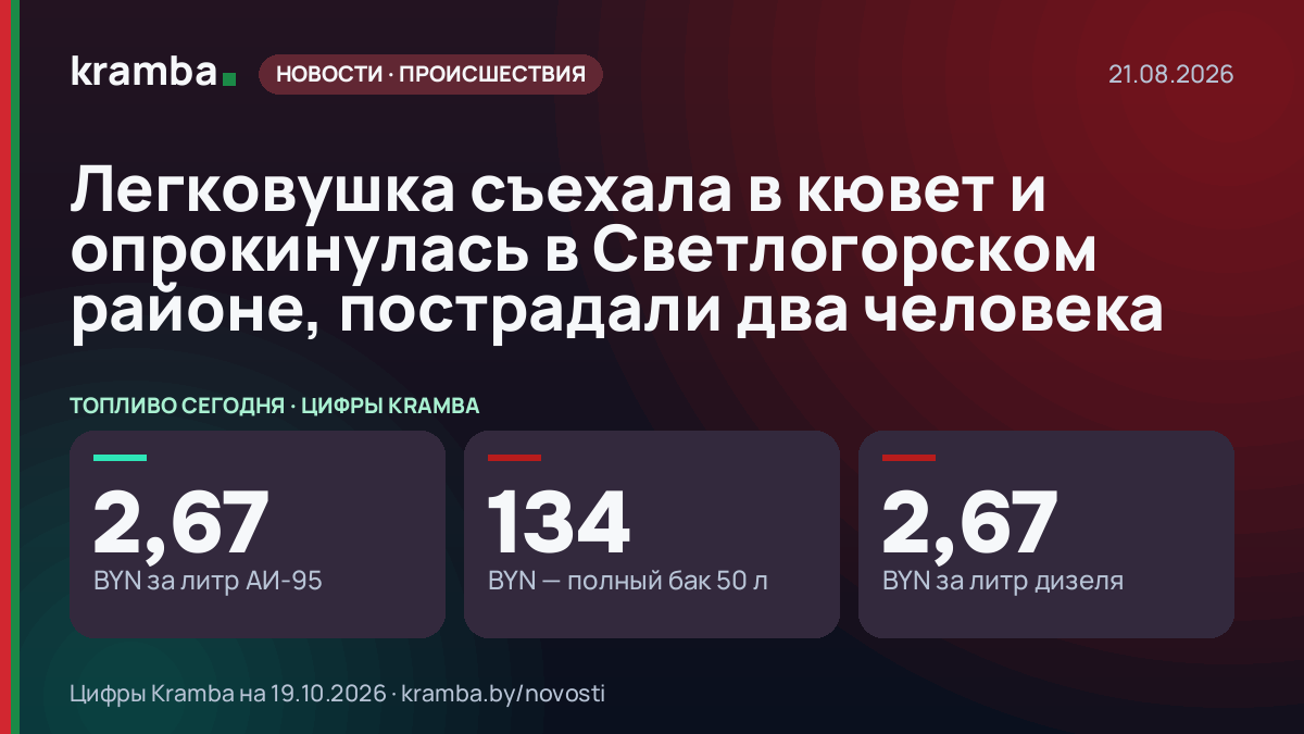 Инфографика Kramba: Легковушка съехала в кювет и опрокинулась в Светлогорском районе, пострадали два человека