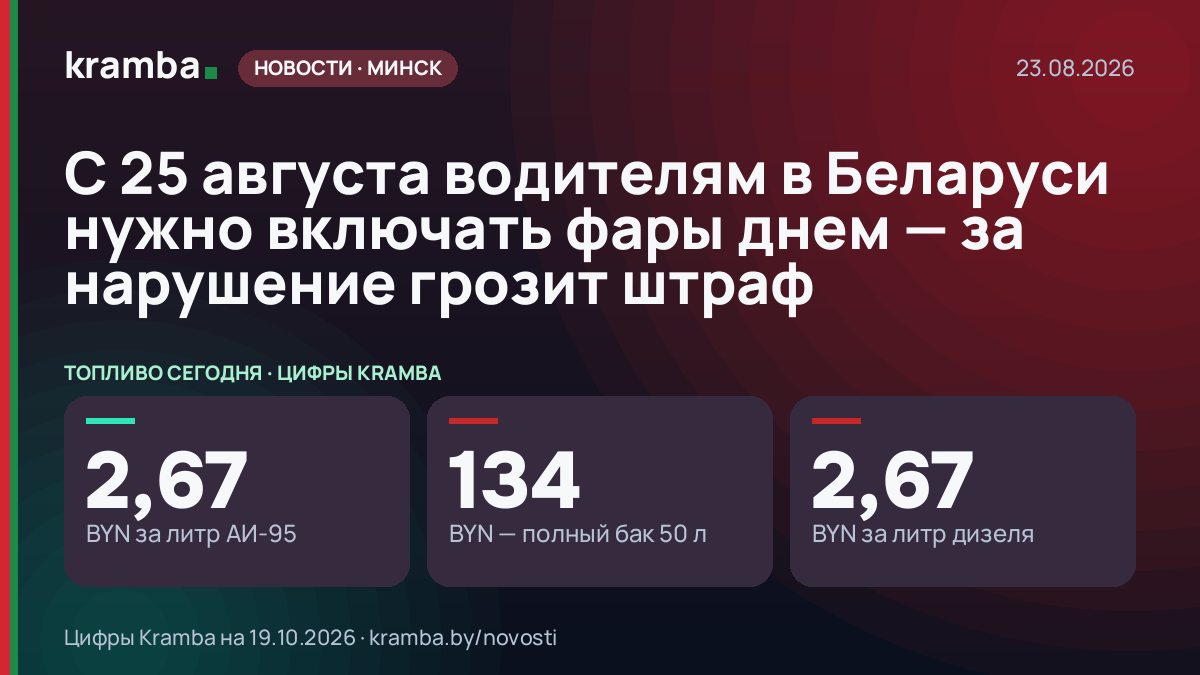 Инфографика Kramba: С 25 августа водителям в Беларуси нужно включать фары днем — за нарушение грозит штраф