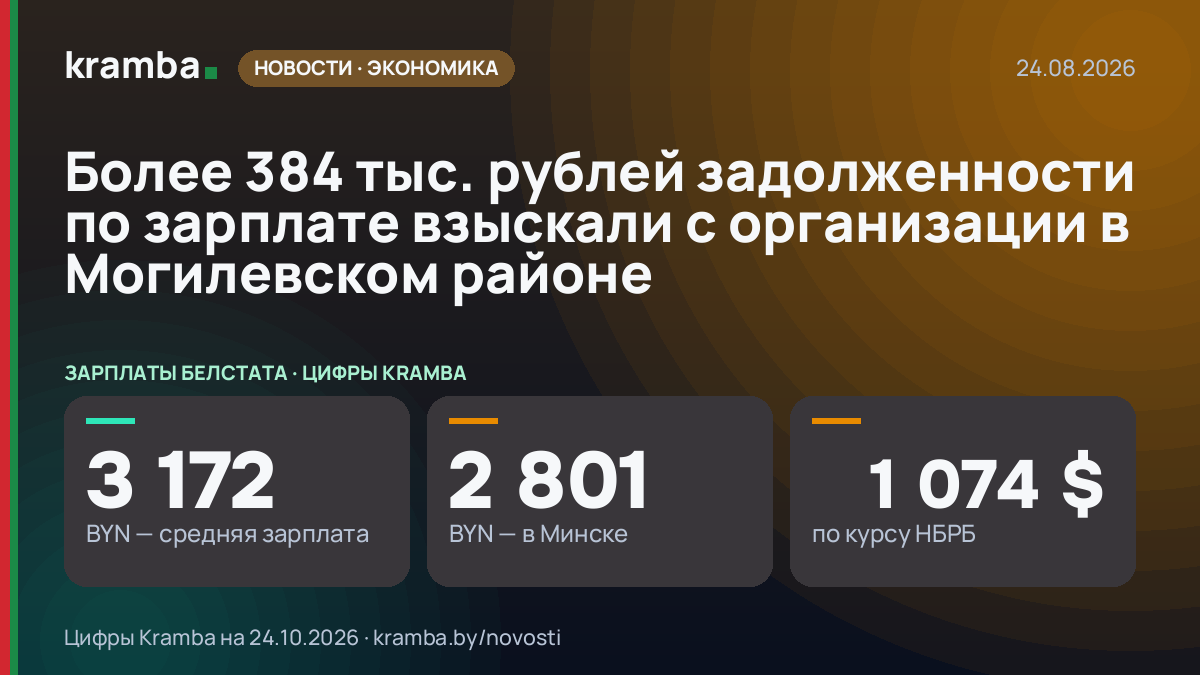 Инфографика Kramba: Более 384 тыс. рублей задолженности по зарплате взыскали с организации в Могилевском…