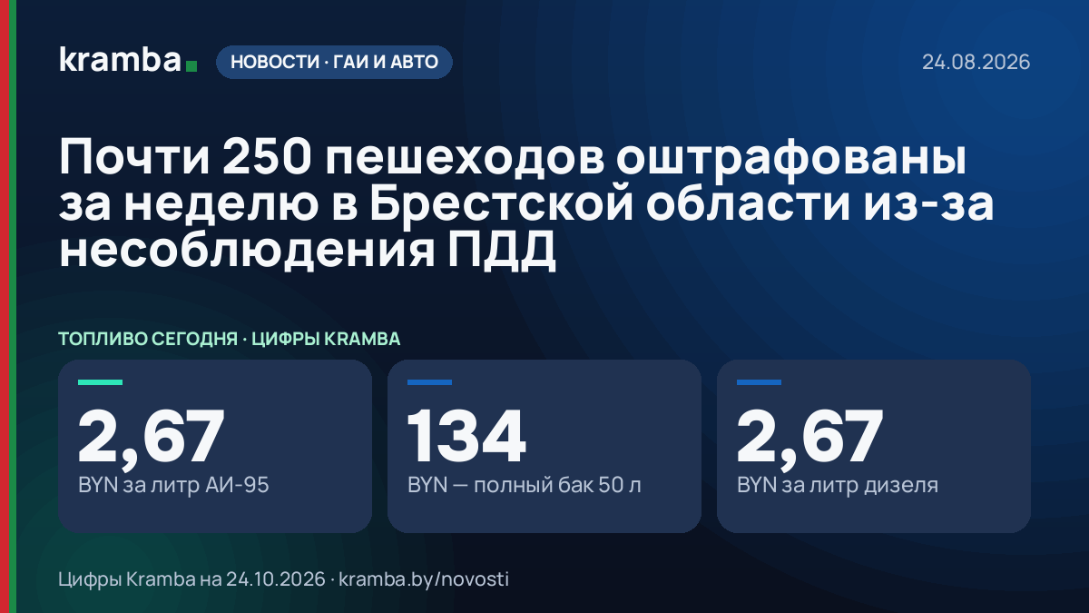 Инфографика Kramba: Почти 250 пешеходов оштрафованы за неделю в Брестской области из-за несоблюдения ПДД