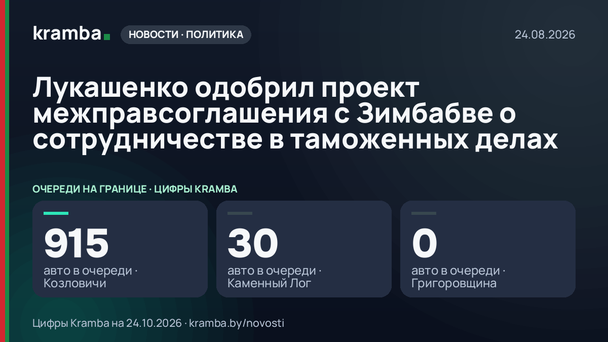 Инфографика Kramba: Лукашенко одобрил проект межправсоглашения с Зимбабве о сотрудничестве в таможенных делах