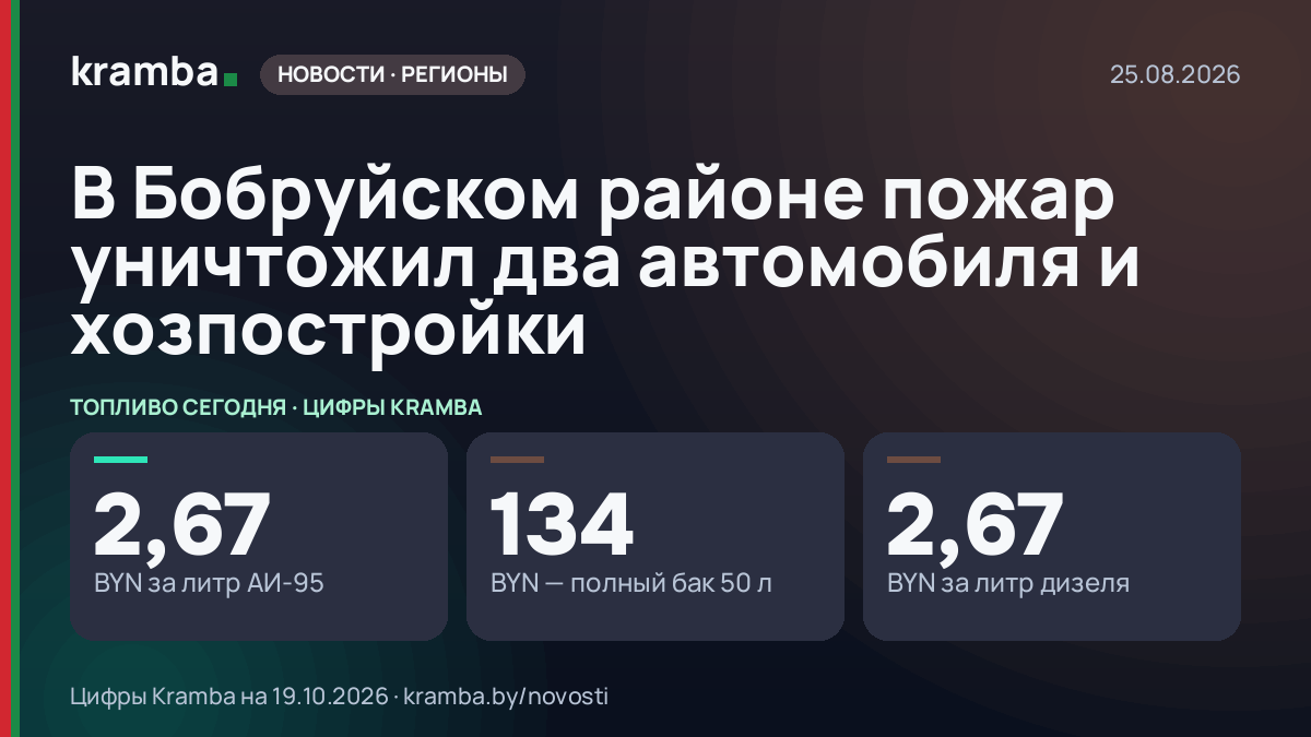 Инфографика Kramba: В Бобруйском районе пожар уничтожил два автомобиля и хозпостройки