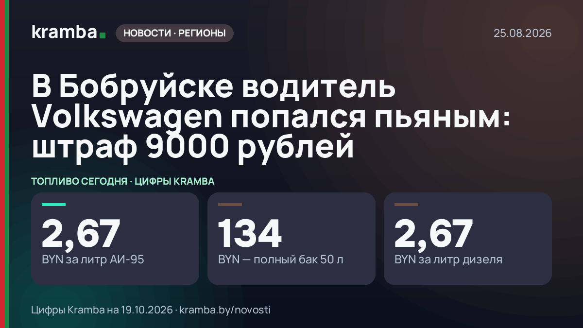 Инфографика Kramba: В Бобруйске водитель Volkswagen попался пьяным: штраф 9000 рублей