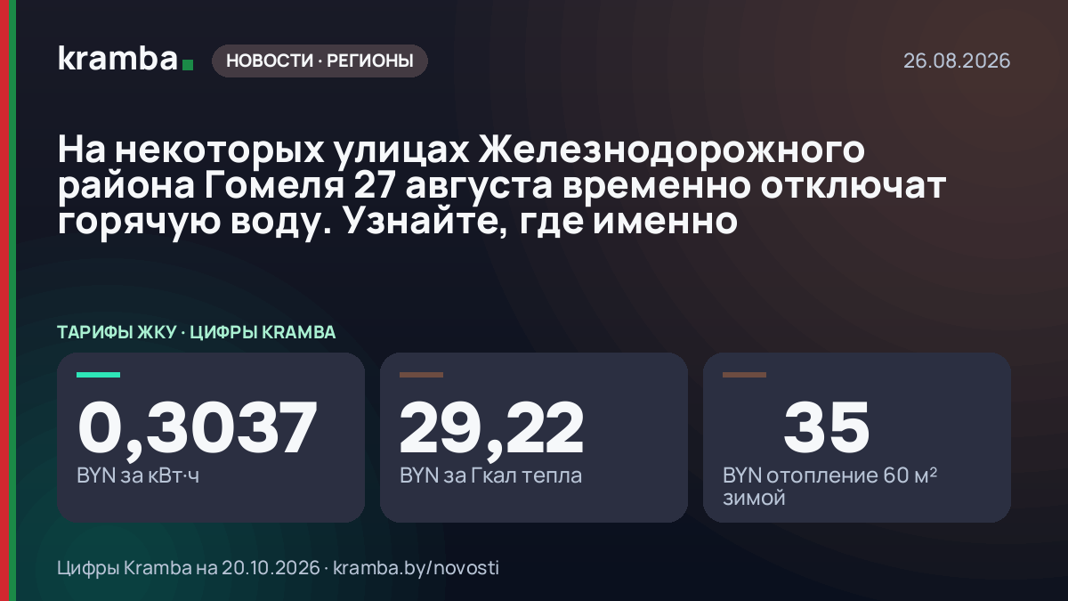 Инфографика Kramba: На некоторых улицах Железнодорожного района Гомеля 27 августа временно отключат горячую…
