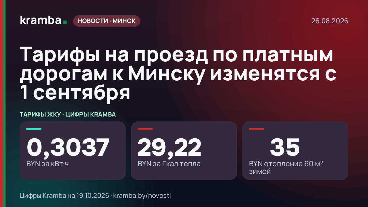 Инфографика Kramba: Тарифы на проезд по платным дорогам к Минску изменятся с 1 сентября