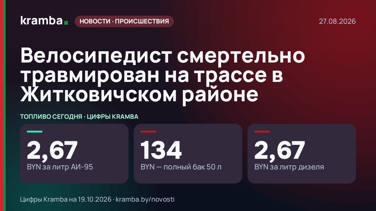 Инфографика Kramba: Велосипедист смертельно травмирован на трассе в Житковичском районе