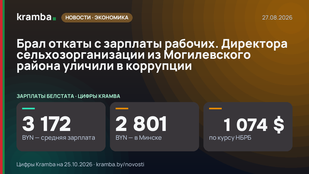 Инфографика Kramba: Брал откаты с зарплаты рабочих. Директора сельхозорганизации из Могилевского района…