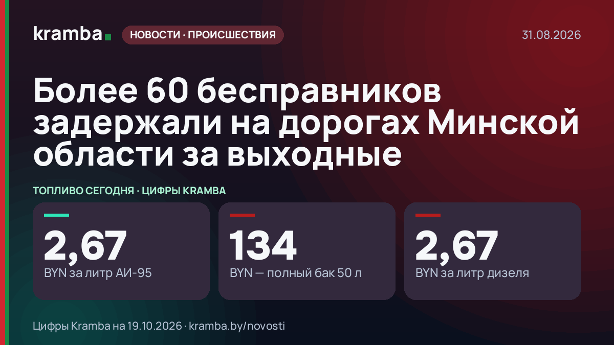 Инфографика Kramba: Более 60 бесправников задержали на дорогах Минской области за выходные
