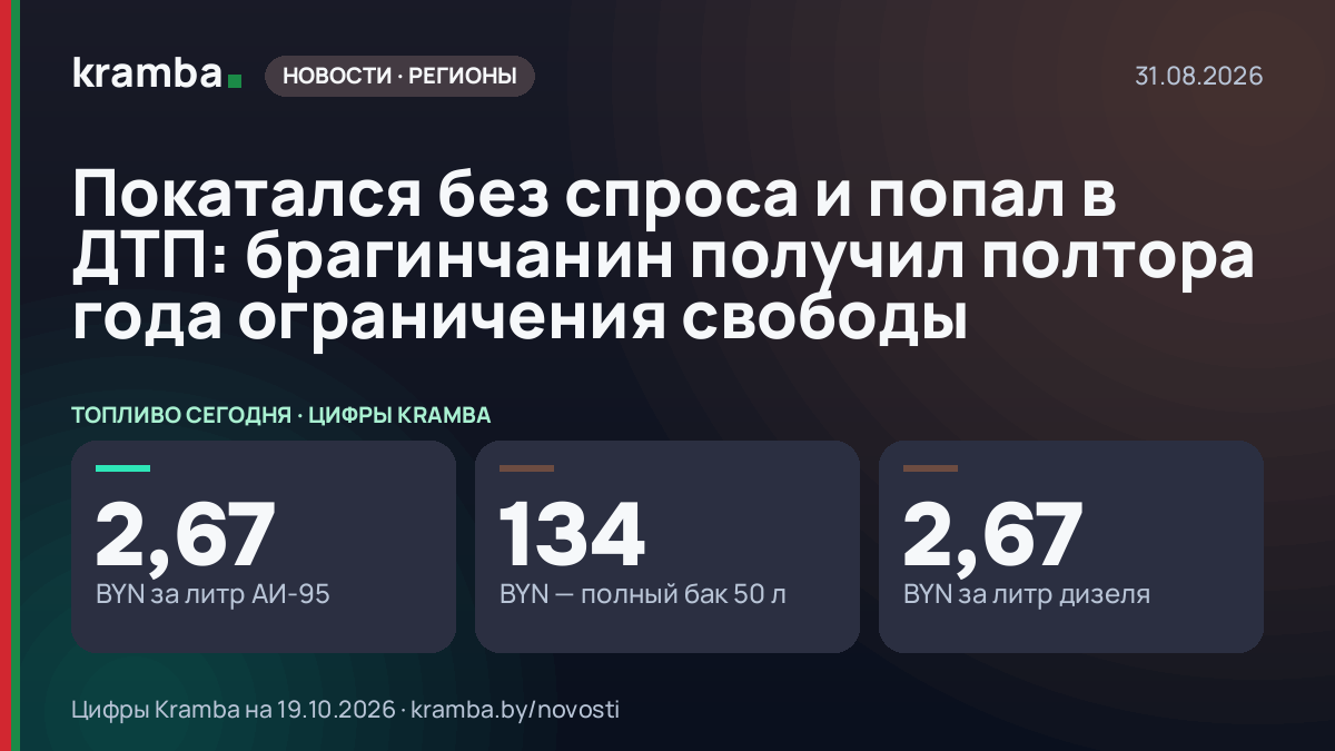 Инфографика Kramba: Покатался без спроса и попал в ДТП: брагинчанин получил полтора года ограничения свободы