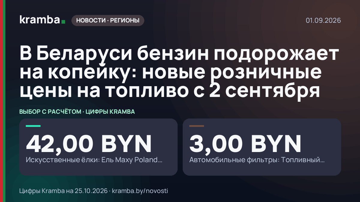 Инфографика Kramba: В Беларуси бензин подорожает на копейку: новые розничные цены на топливо с 2 сентября