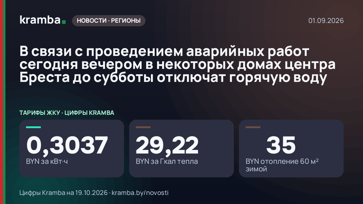 Инфографика Kramba: В связи с проведением аварийных работ сегодня вечером в некоторых домах центра Бреста до…