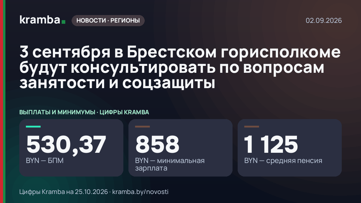 Инфографика Kramba: 3 сентября в Брестском горисполкоме будут консультировать по вопросам занятости и…