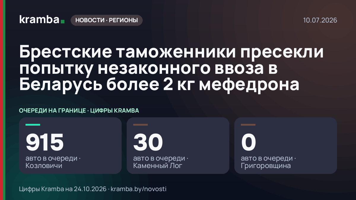 Инфографика Kramba: Брестские таможенники пресекли попытку незаконного ввоза в Беларусь более 2 кг мефедрона