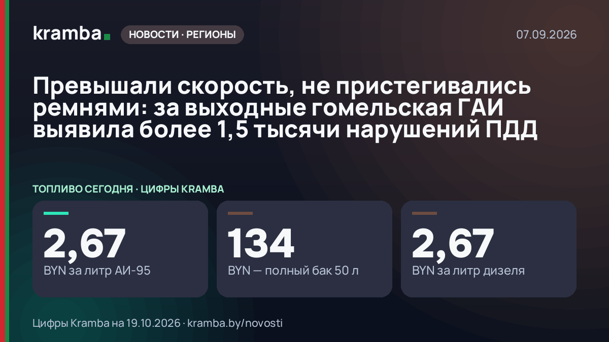 Инфографика Kramba: Превышали скорость, не пристегивались ремнями: за выходные гомельская ГАИ выявила более…
