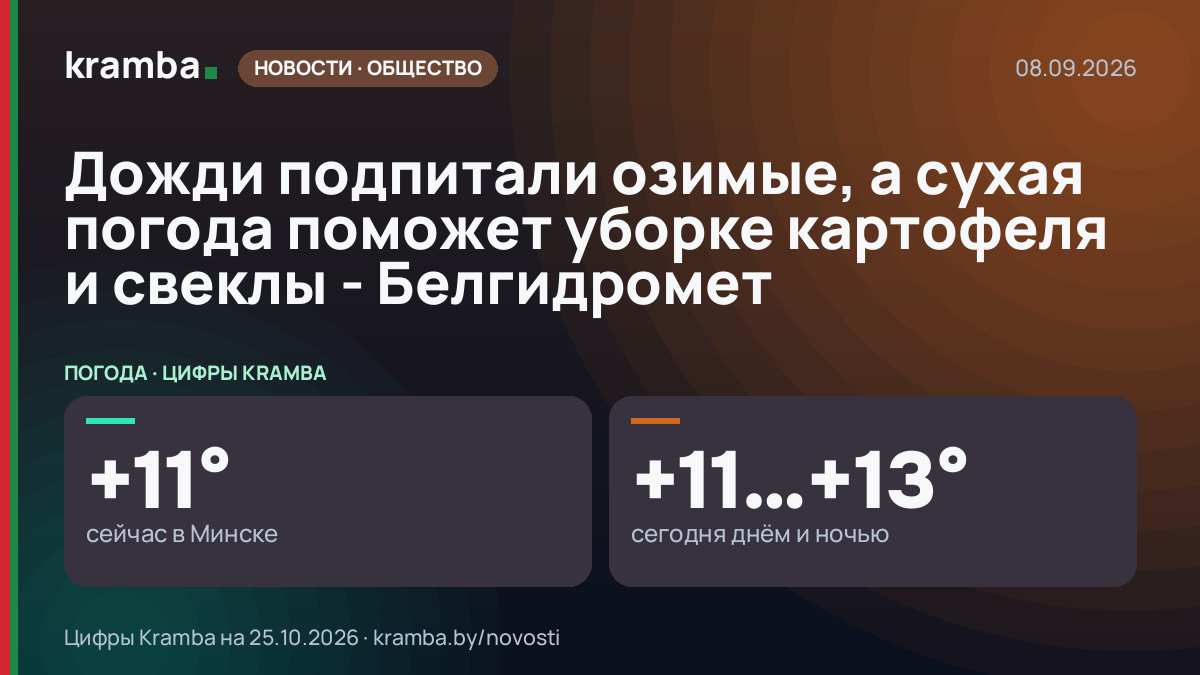 Инфографика Kramba: Дожди подпитали озимые, а сухая погода поможет уборке картофеля и свеклы - Белгидромет