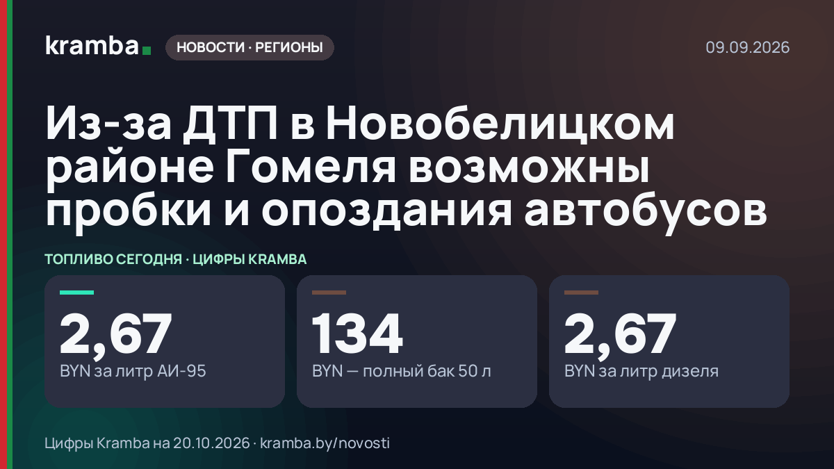 Инфографика Kramba: Из-за ДТП в Новобелицком районе Гомеля возможны пробки и опоздания автобусов