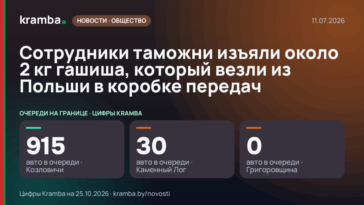 Инфографика Kramba: Сотрудники таможни изъяли около 2 кг гашиша, который везли из Польши в коробке передач