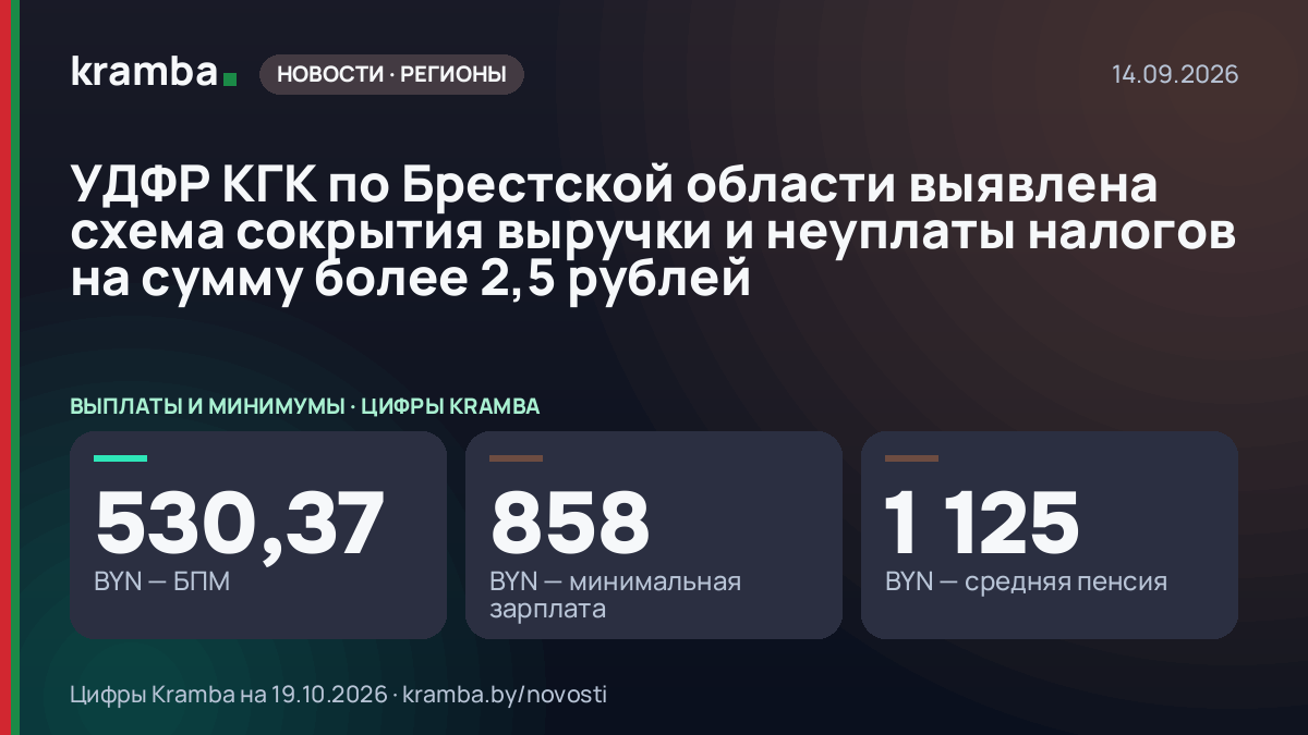 Инфографика Kramba: УДФР КГК по Брестской области выявлена схема сокрытия выручки и неуплаты налогов на…