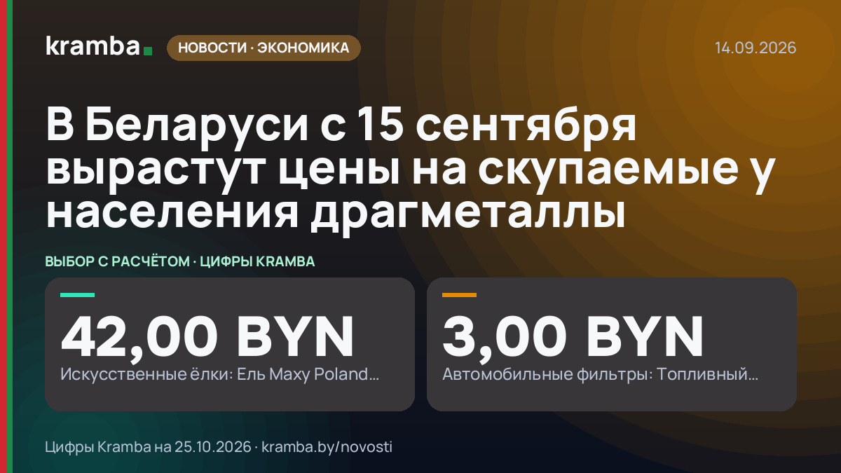 Инфографика Kramba: В Беларуси с 15 сентября вырастут цены на скупаемые у населения драгметаллы