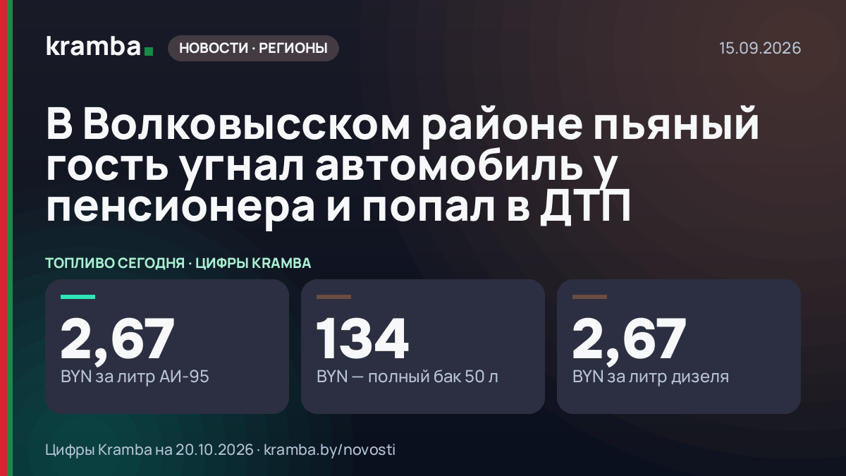 Инфографика Kramba: В Волковысском районе пьяный гость угнал автомобиль у пенсионера и попал в ДТП