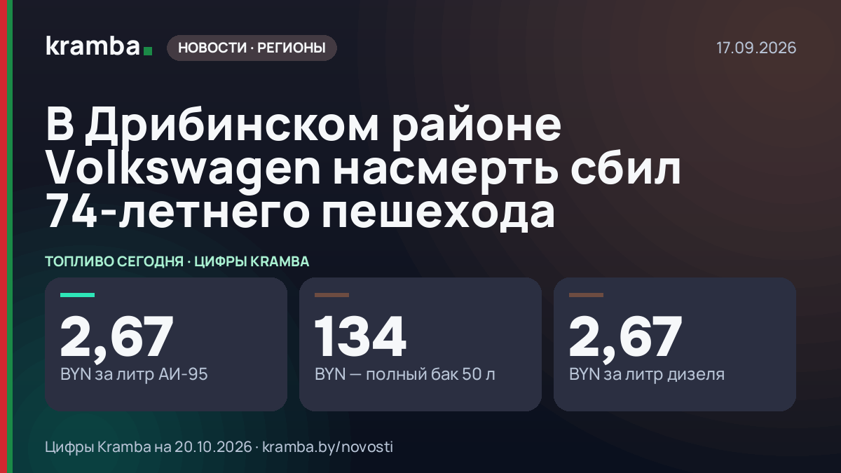 Инфографика Kramba: В Дрибинском районе Volkswagen насмерть сбил 74-летнего пешехода