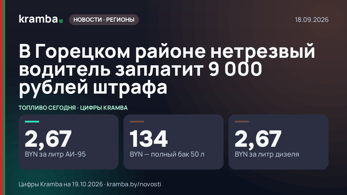 Инфографика Kramba: В Горецком районе нетрезвый водитель заплатит 9 000 рублей штрафа