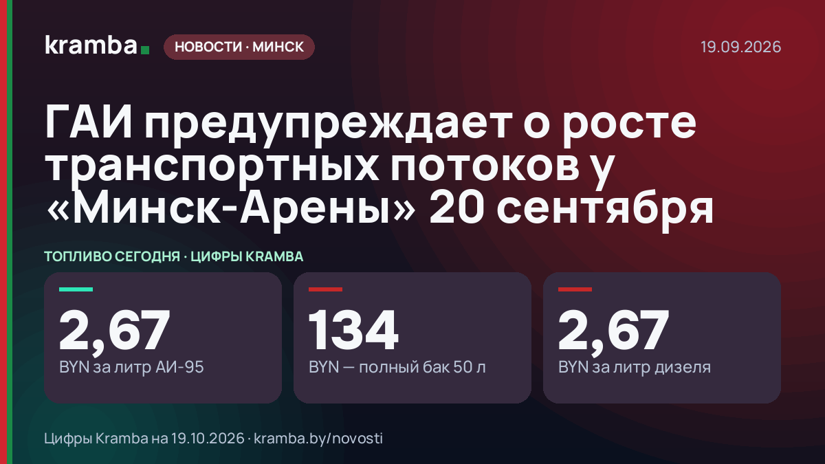 Инфографика Kramba: ГАИ предупреждает о росте транспортных потоков у «Минск-Арены» 20 сентября
