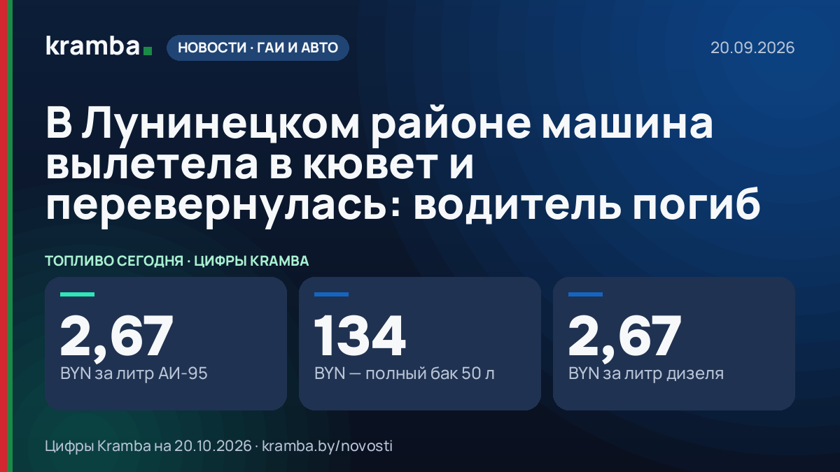 Инфографика Kramba: В Лунинецком районе машина вылетела в кювет и перевернулась: водитель погиб