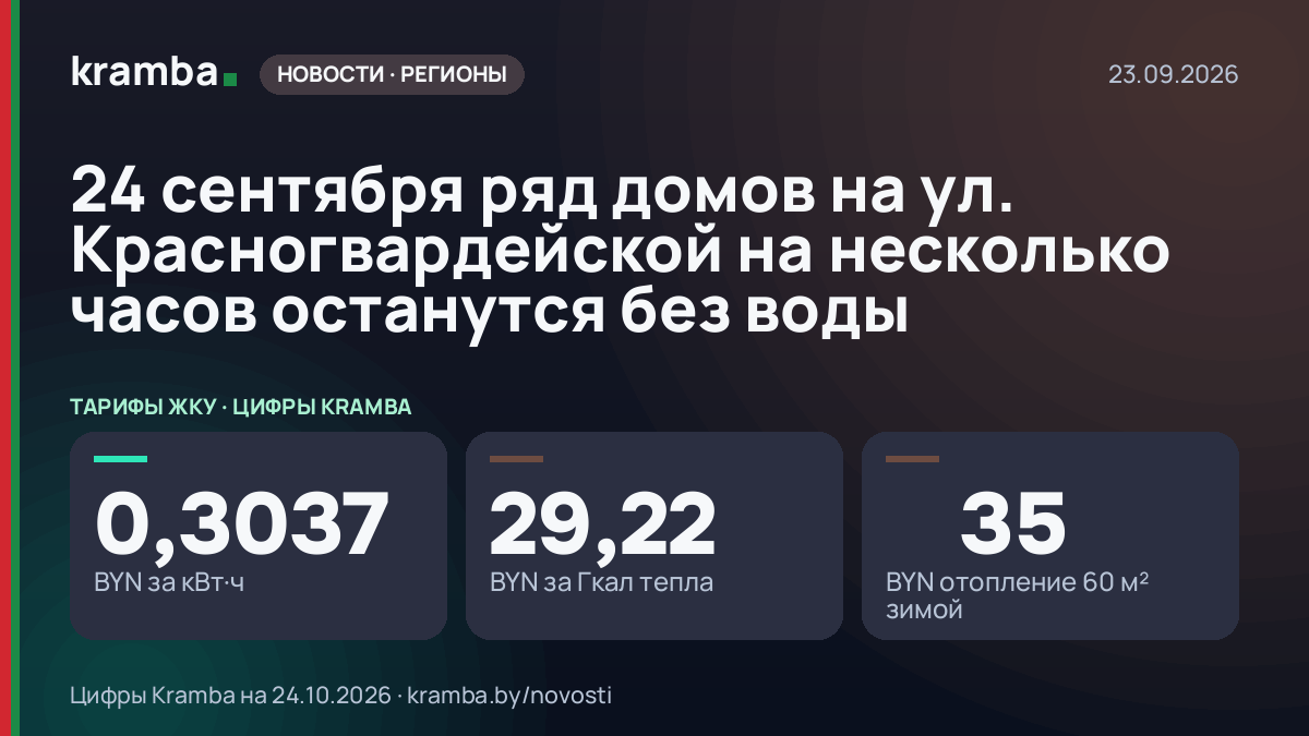 Инфографика Kramba: 24 сентября ряд домов на ул. Красногвардейской на несколько часов останутся без воды