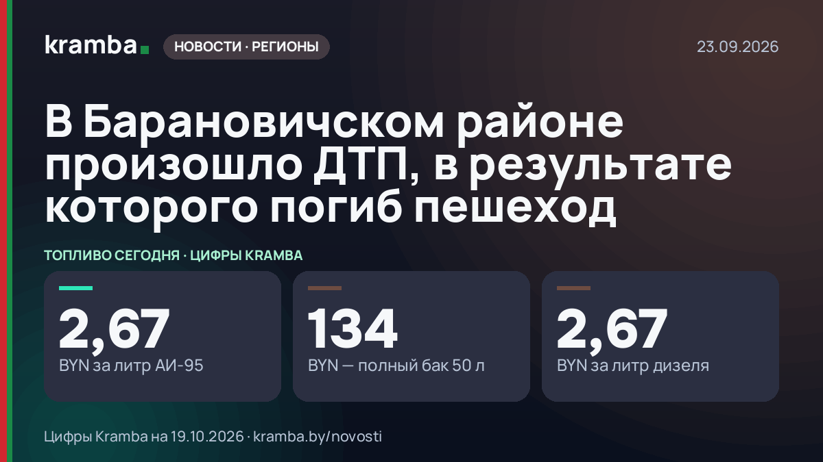 Инфографика Kramba: В Барановичском районе произошло ДТП, в результате которого погиб пешеход