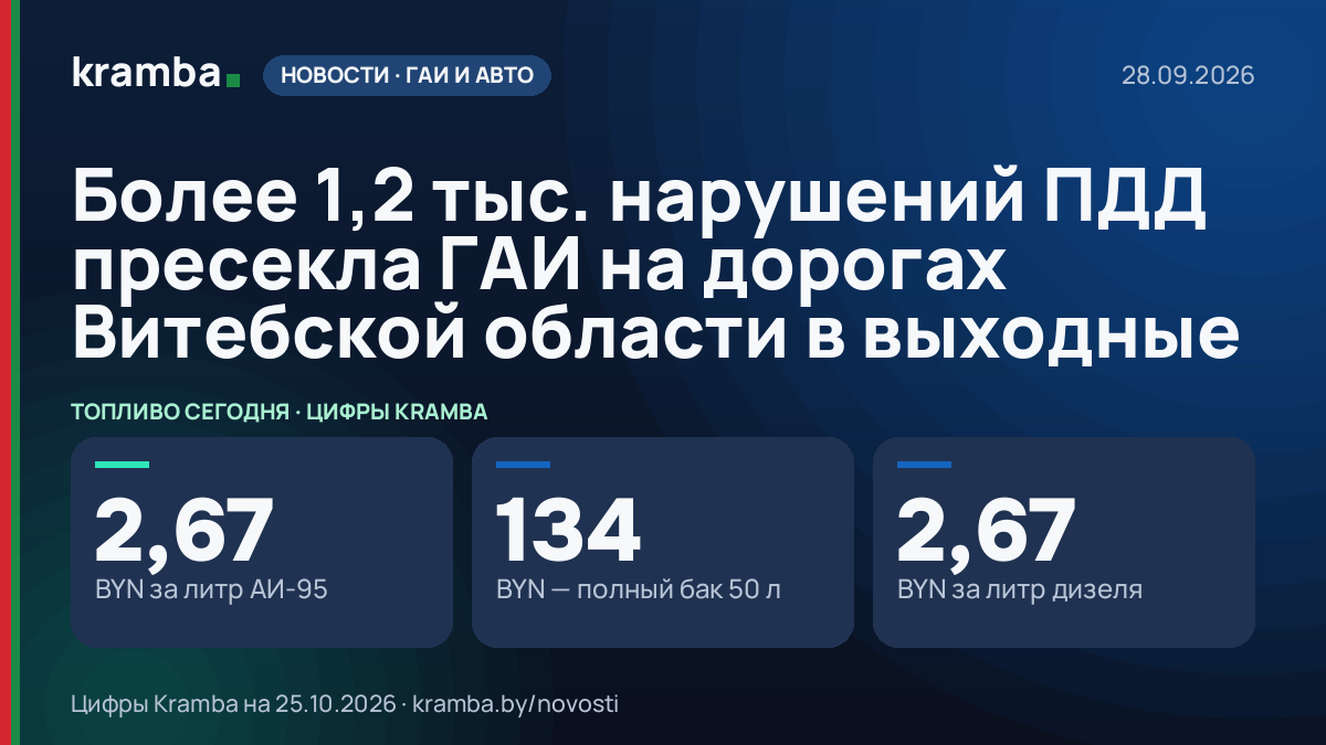 Инфографика Kramba: Более 1,2 тыс. нарушений ПДД пресекла ГАИ на дорогах Витебской области в выходные