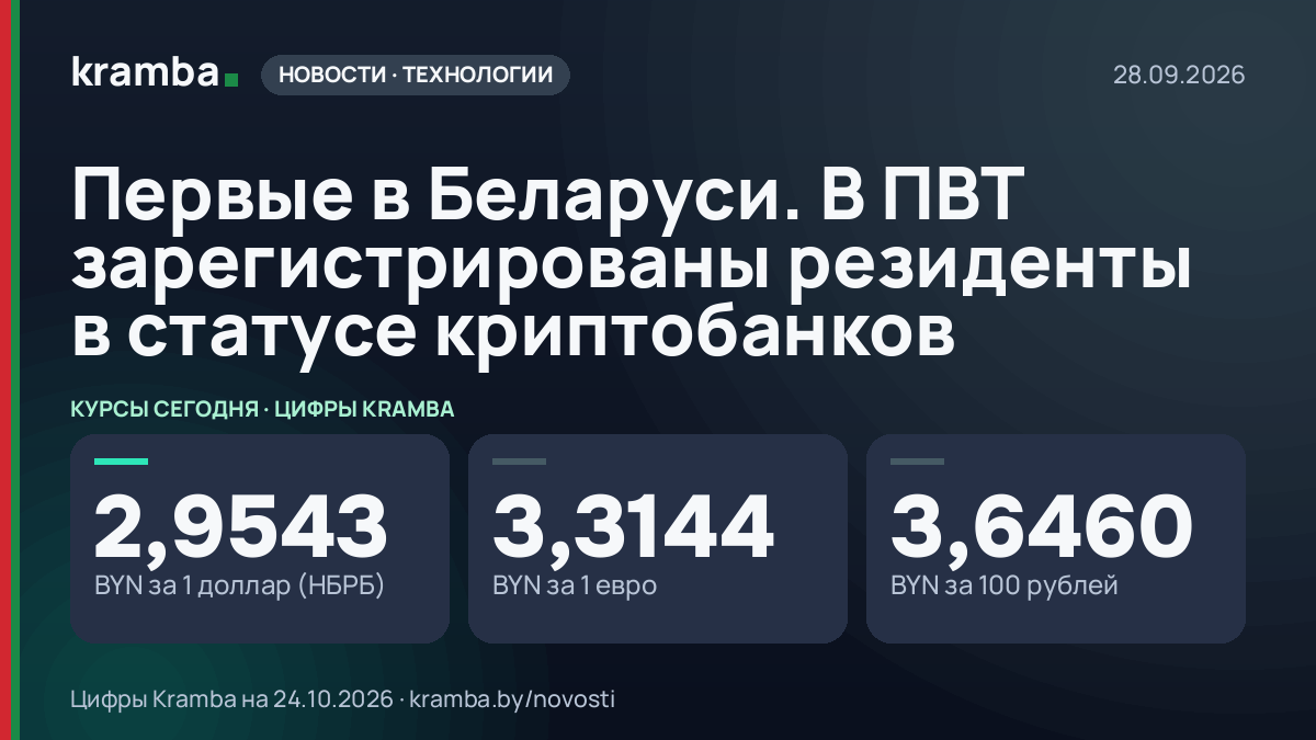 Инфографика Kramba: Первые в Беларуси. В ПВТ зарегистрированы резиденты в статусе криптобанков