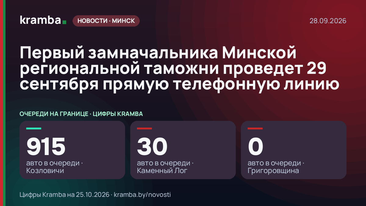 Инфографика Kramba: Первый замначальника Минской региональной таможни проведет 29 сентября прямую телефонную…