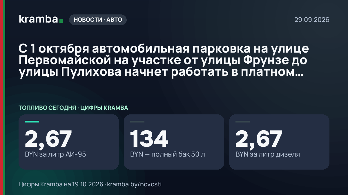 Инфографика Kramba: С 1 октября автомобильная парковка на улице Первомайской на участке от улицы Фрунзе до…