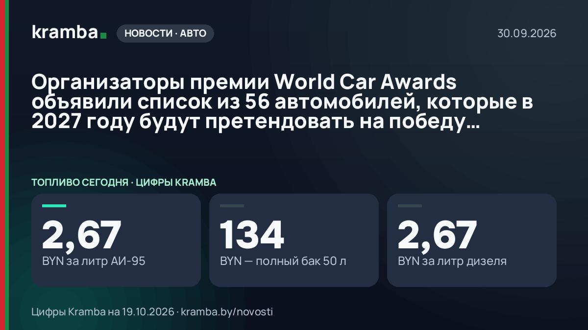 Инфографика Kramba: Организаторы премии World Car Awards объявили список из 56 автомобилей, которые в 2027…
