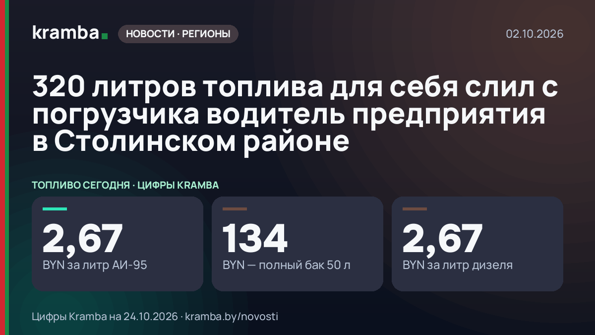 Инфографика Kramba: 320 литров топлива для себя слил с погрузчика водитель предприятия в Столинском районе