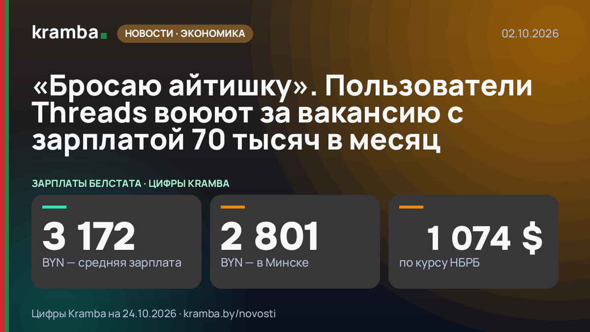 Инфографика Kramba: «Бросаю айтишку». Пользователи Threads воюют за вакансию с зарплатой 70 тысяч в месяц