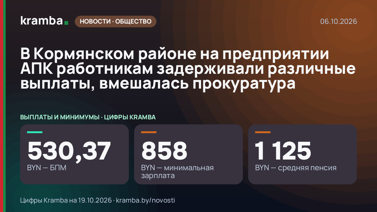 Инфографика Kramba: В Кормянском районе на предприятии АПК работникам задерживали различные выплаты…