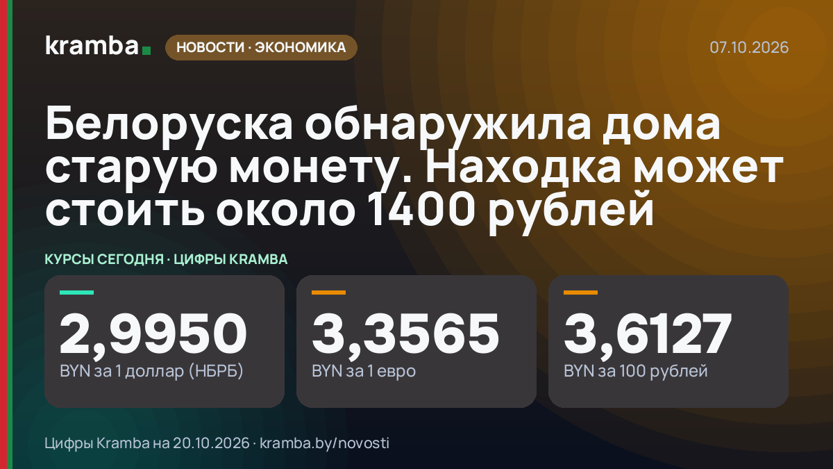 Инфографика Kramba: Белоруска обнаружила дома старую монету. Находка может стоить около 1400 рублей