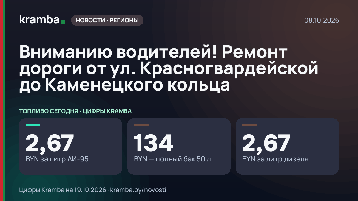Инфографика Kramba: Вниманию водителей! Ремонт дороги от ул. Красногвардейской до Каменецкого кольца
