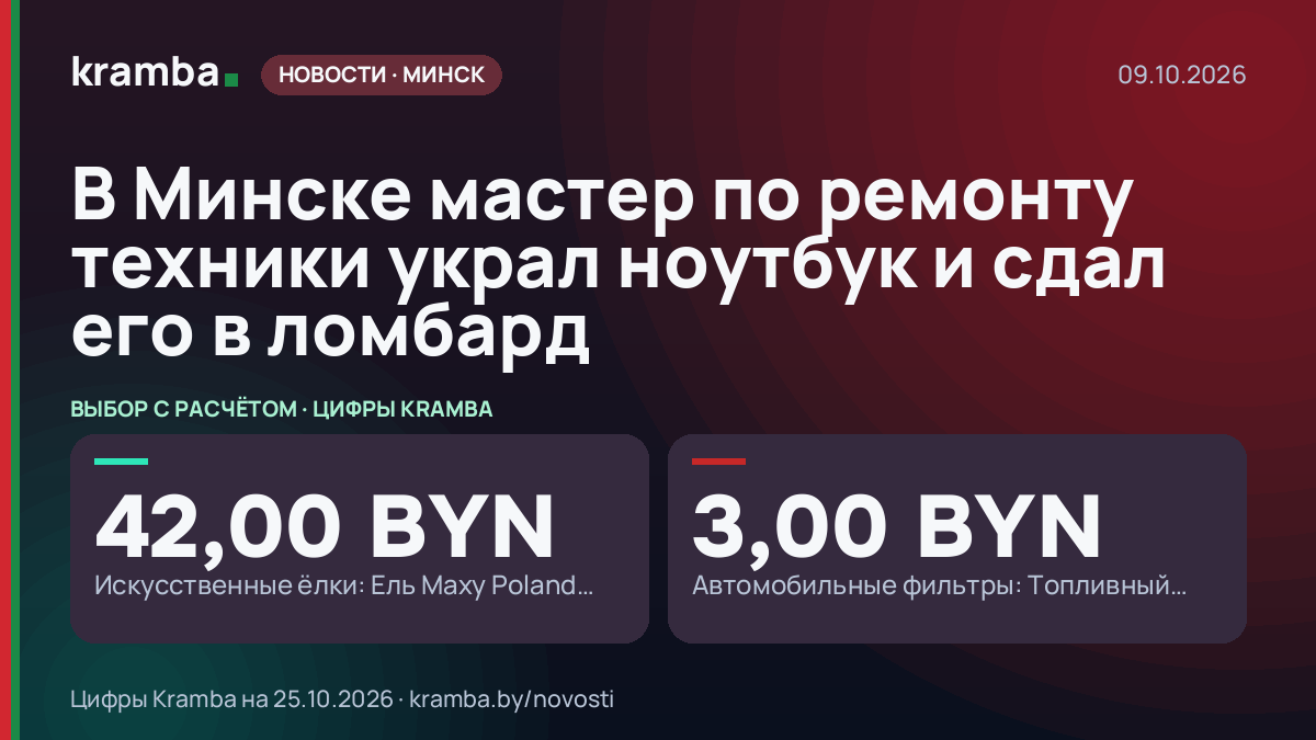 Инфографика Kramba: В Минске мастер по ремонту техники украл ноутбук и сдал его в ломбард