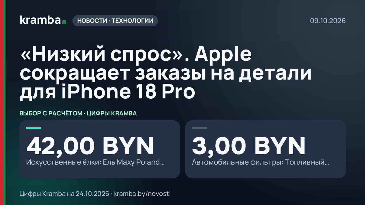 Инфографика Kramba: «Низкий спрос». Apple сокращает заказы на детали для iPhone 18 Pro